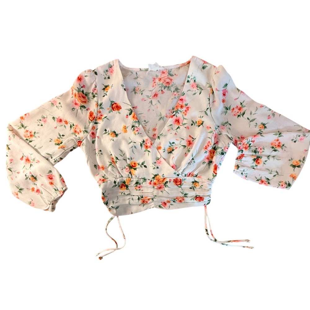 Boho Romantic Floral Surplice Crop Top Long Sleeve V-Neck Blouse White Pink M